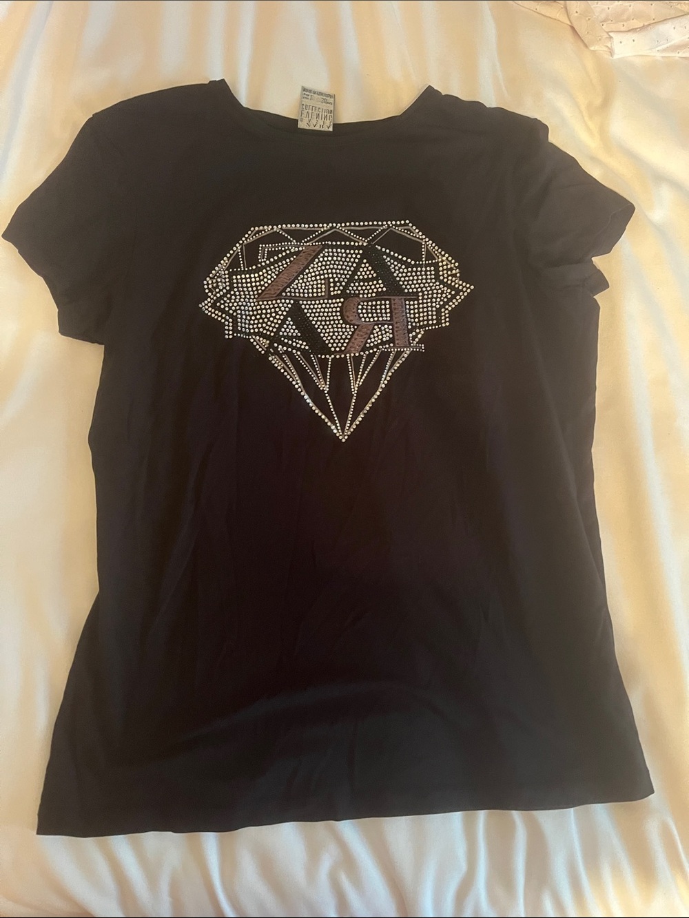 Zara Black Short-Sleeve Tee with Rhinestone Diamond Graphic